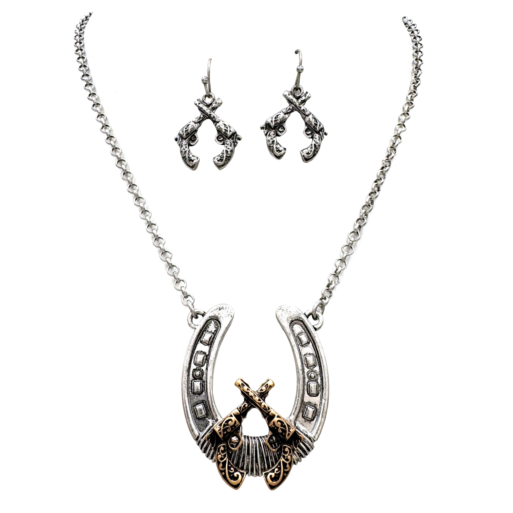 Horseshoe Crossed Pistol Necklace Earrings Set