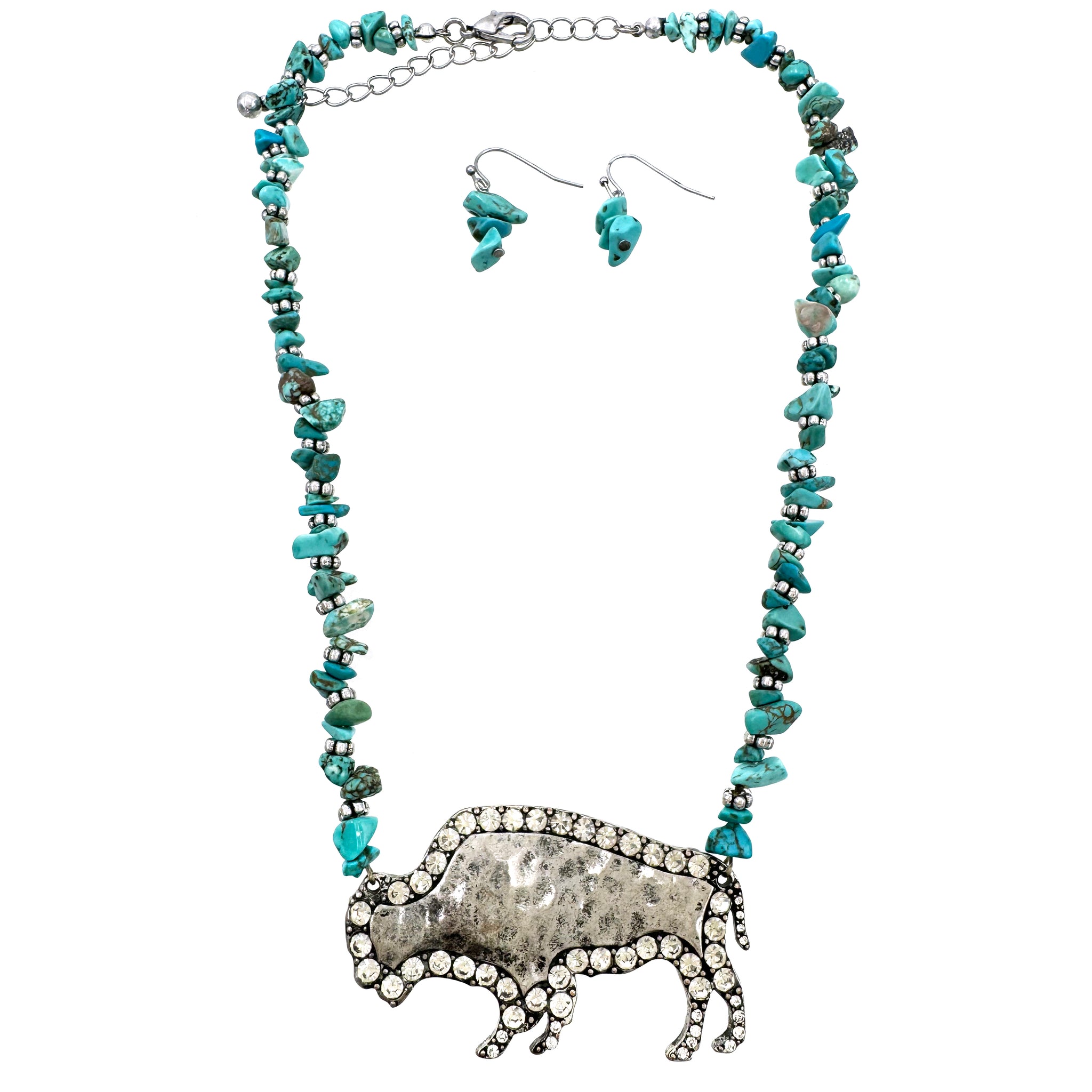 Turquoise Stone Buffalo Bead Necklace Earring Set