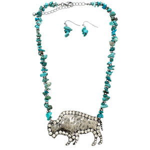 Turquoise Stone Buffalo Bead Necklace Earring Set