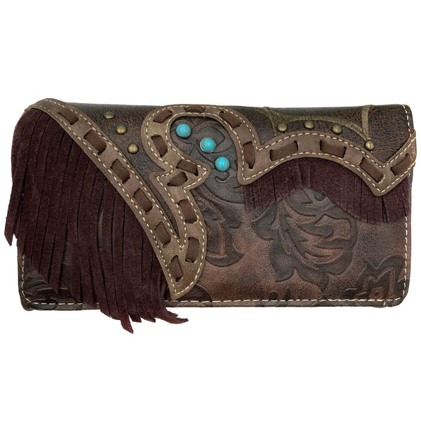 Suede Fringe Western Floral Crossbody Wallet