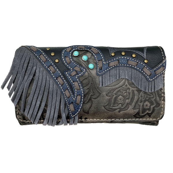 Suede Fringe Western Floral Crossbody Wallet