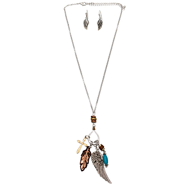 Angel Wing Feather Cross Necklace Earrings Set