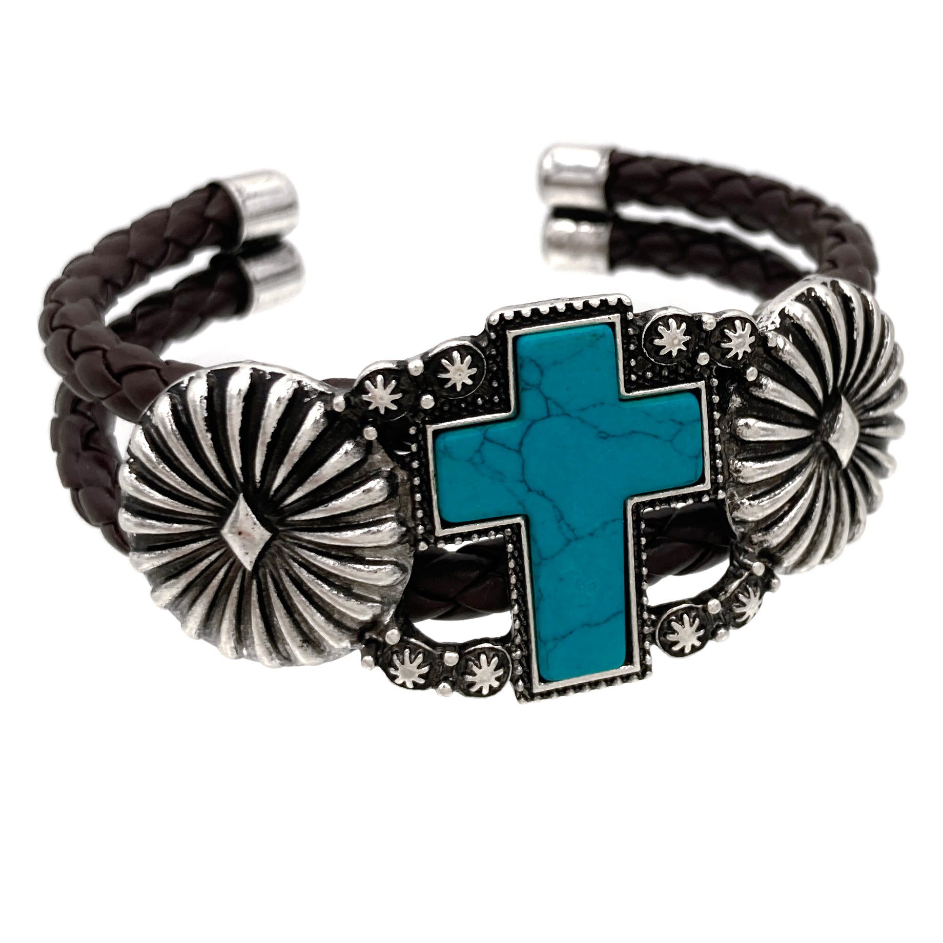 Cross Turquoise Stone Western Leather Open Bangle