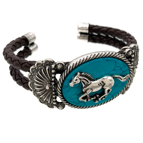 Horse Turquoise Stone Western Leather Open Bangle