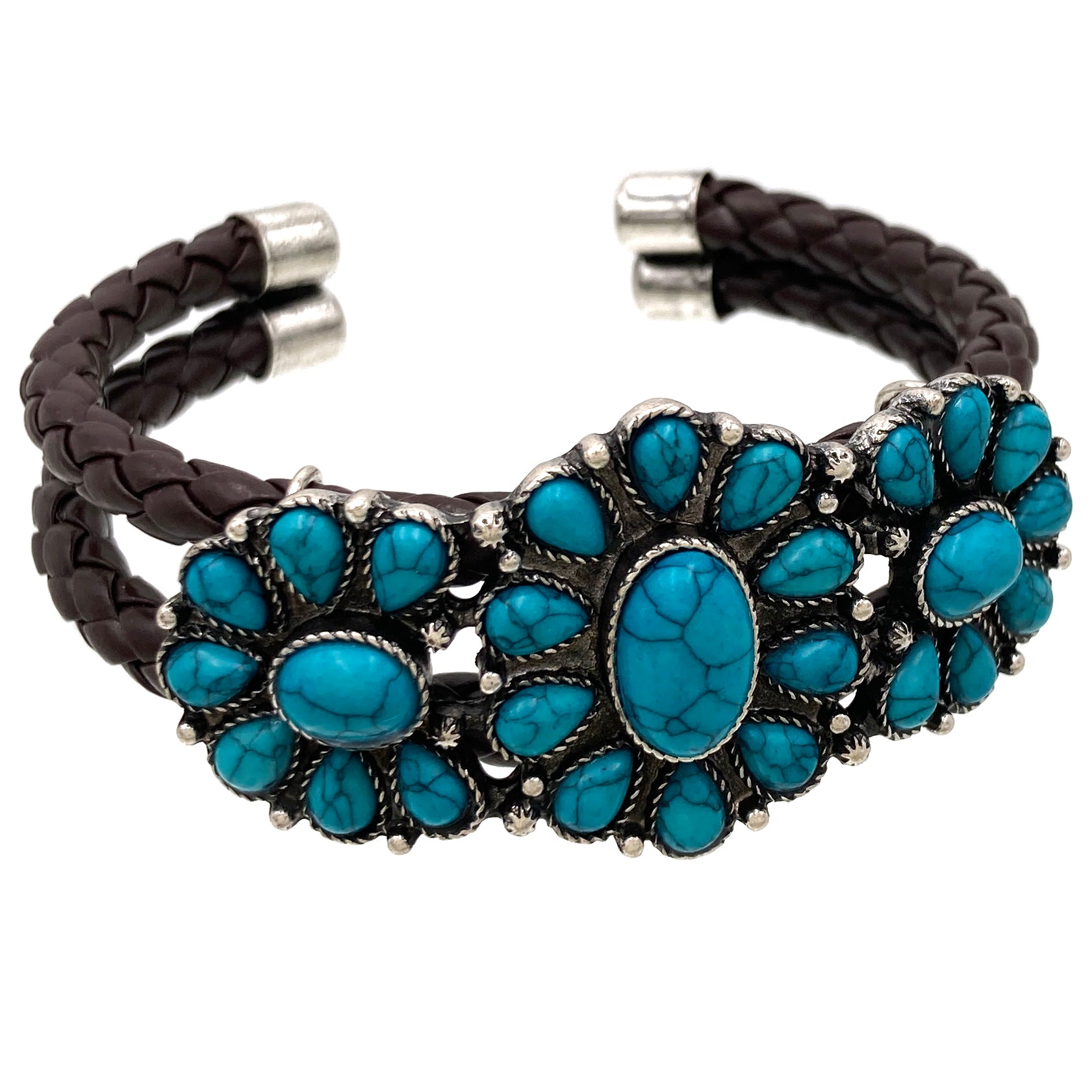 Flower Turquoise Cabochon Western Leather Open Bangle