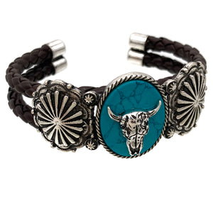 Longhorn Turquoise Stone Western Leather Open Bangle