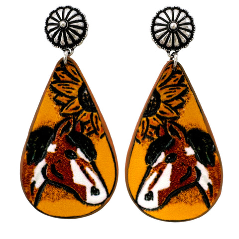 Tooled Leather Horse Teardrop Earrings