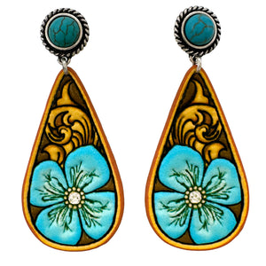 Tooled Leather Western Flower Teardrop Earrings