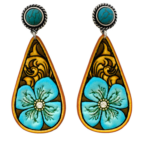 Tooled Leather Western Flower Teardrop Earrings