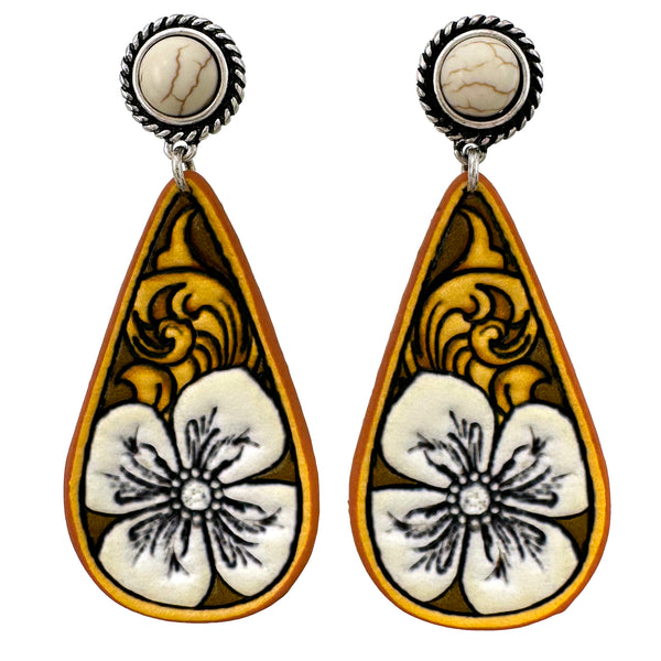 Tooled Leather Western Flower Teardrop Earrings