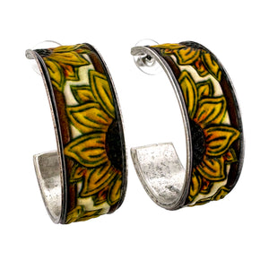 Tooled Leather Western Sunflower Hoop Earrings