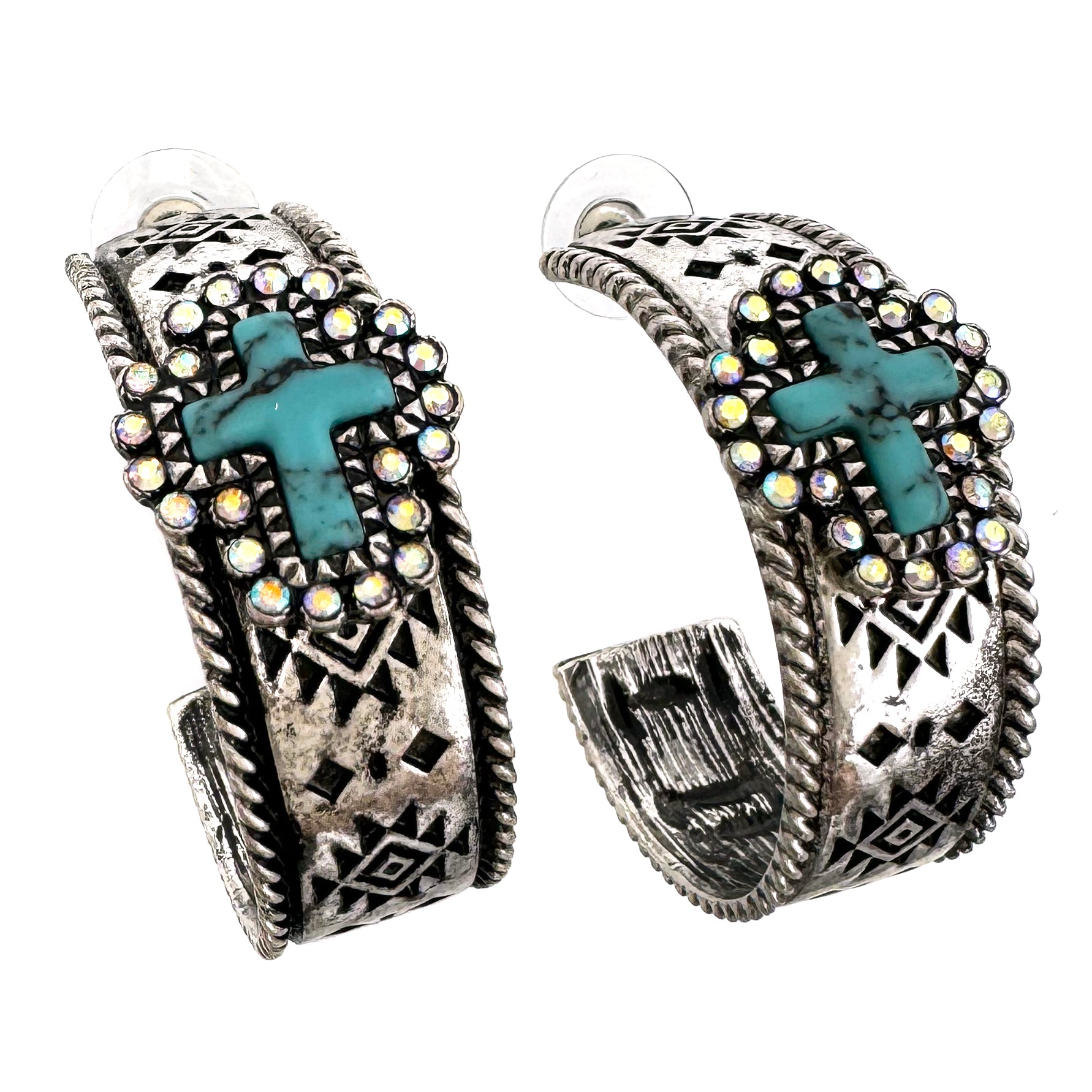 Turquoise Cross AB Rhinestone Navajo Pattern C Hoop Earrings