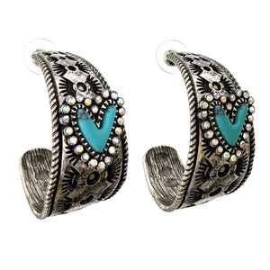 Turquoise Heart AB Rhinestone Navajo Pattern C Hoop Earrings