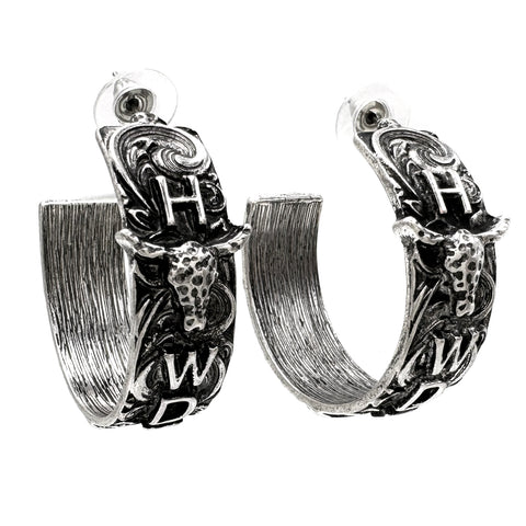 Western Longhorn with word HOWDY C Hoop Earrings