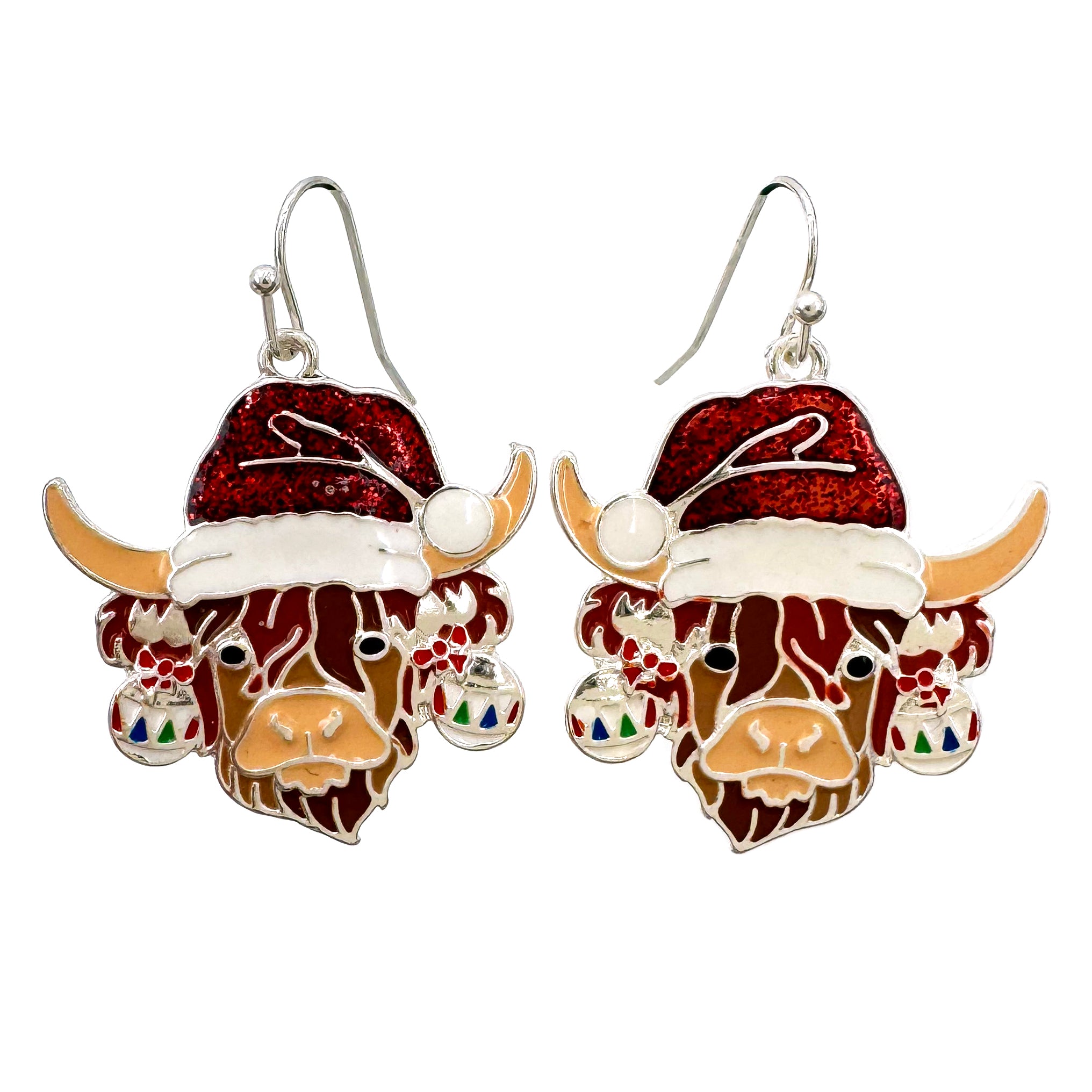 Highland Cattle Santa Hat Christmas Earrings