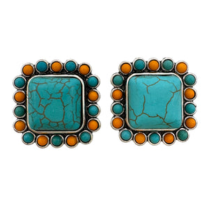 Turquoise Orange Cube Stud Earrings