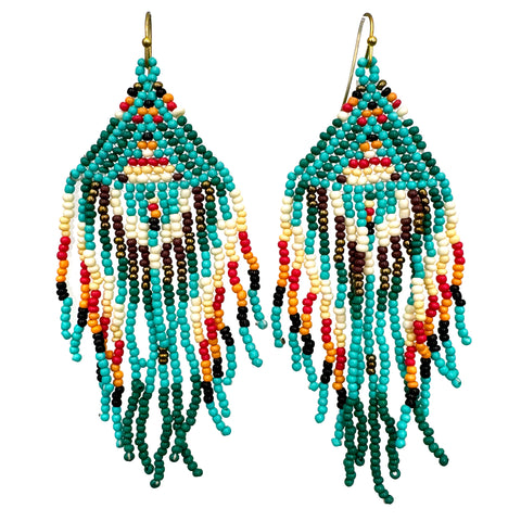 Southwestern Aztec Banner Seed Beaded Fringe Earrings