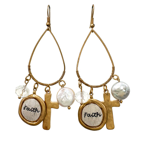 Faith Cross Pearl Charms Teardrop Earrings