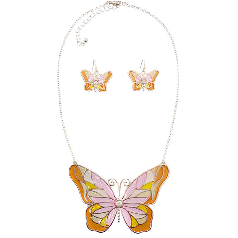 Butterfly Stained Glass Pendant Earrings Set