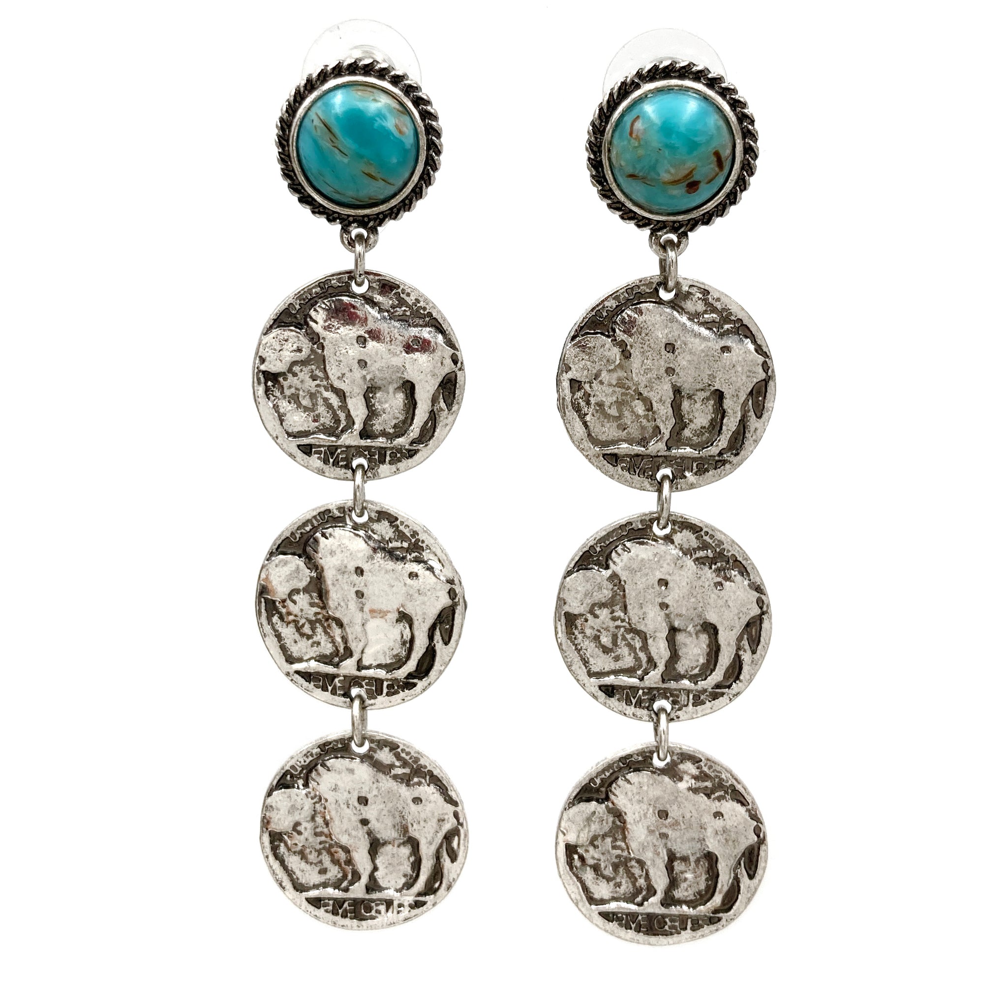 Buffalo Three Coin Turquoise Stud Earrings