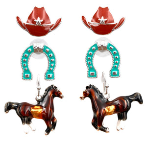 Cowboy Hat Horseshoe Horse Earrings Three Piece Set