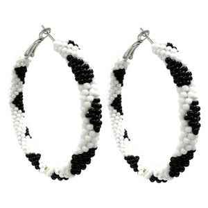 Black White Seed Bead Hoop Earrings