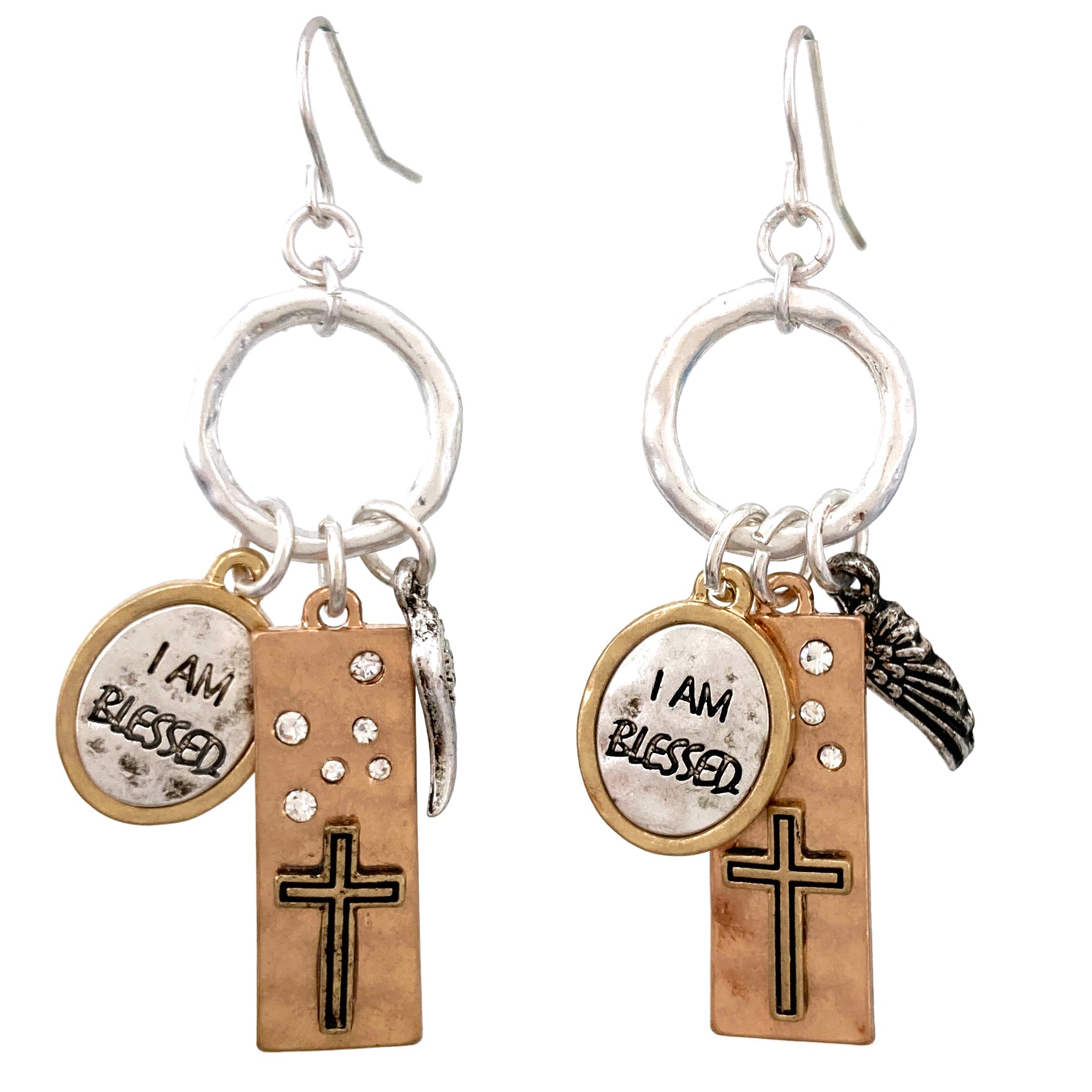 I Am Blessed Cross Wing Charms Earrings