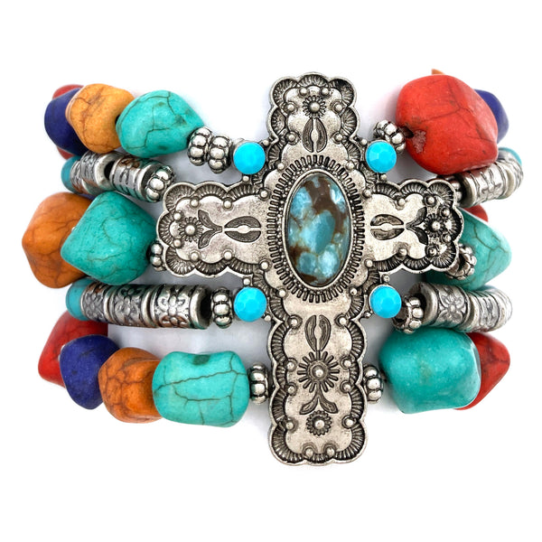 Cross Turquoise Pebbles Western Chunky Bracelet