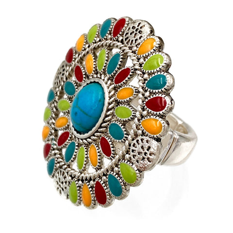 Multicolor Turquoise Stone Concho Circle Ring