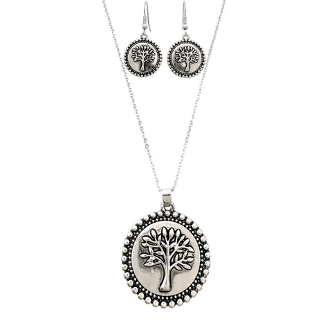 Tree Circle Pendant Necklace Earrings Set