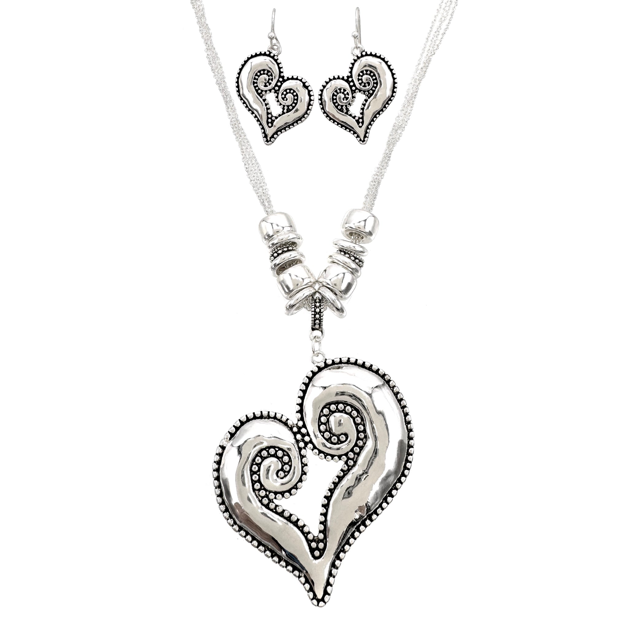 Silver Heart Necklace Earrings Set