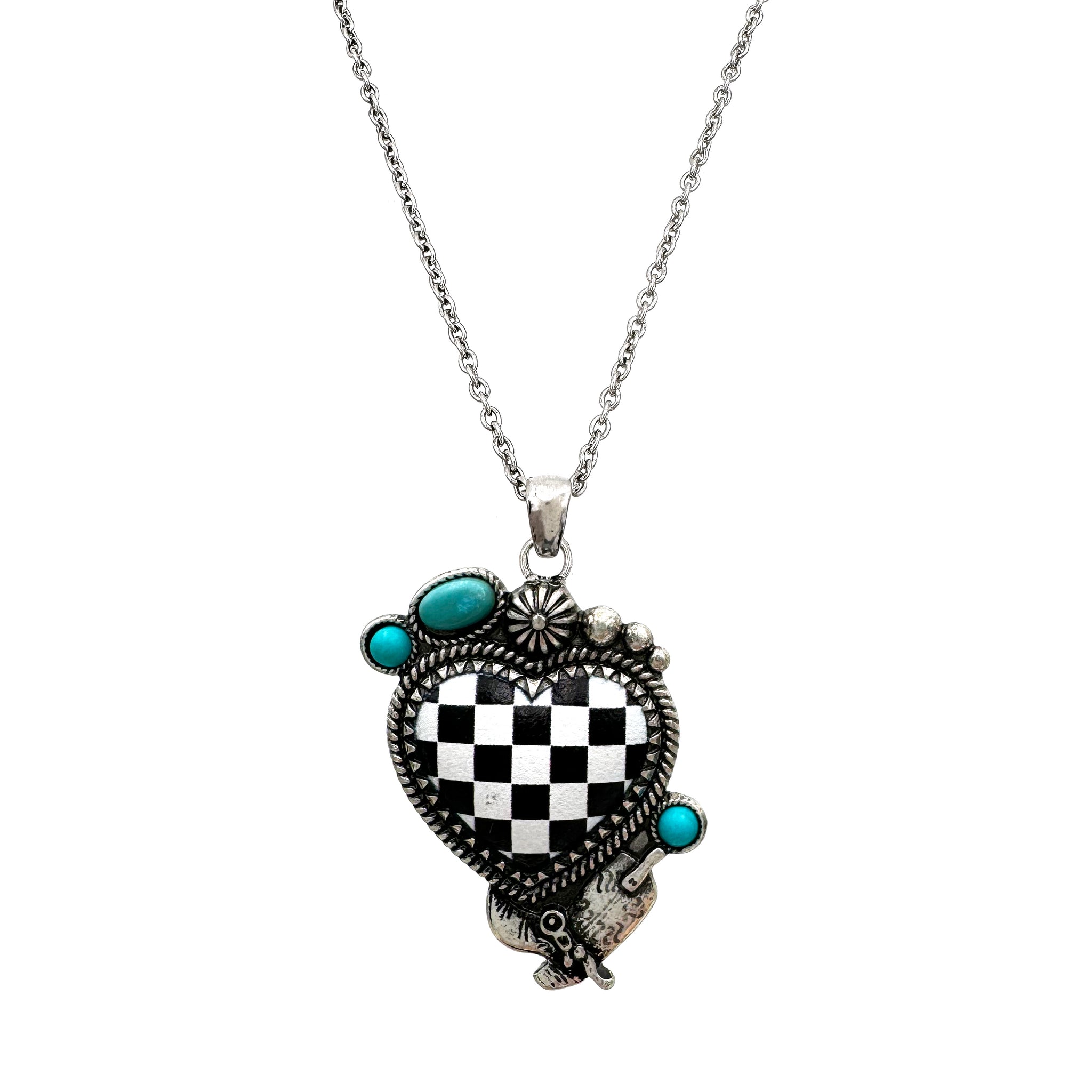 Checkered Print Western Heart Necklace