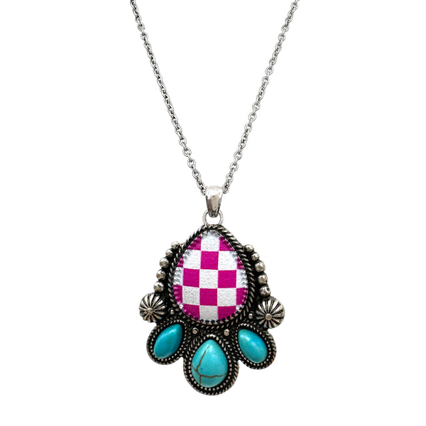 Checkered Print Western Teardrop Flower Necklace