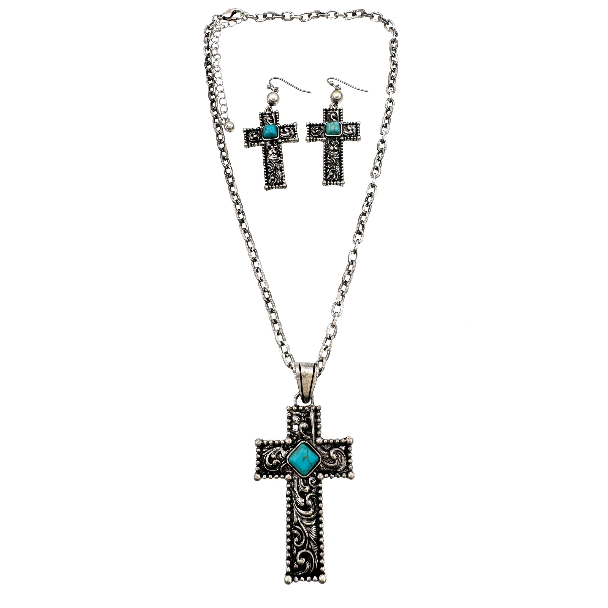 Western Cross Turquoise Filigree Necklace Earrings Set