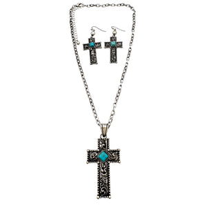 Western Cross Turquoise Filigree Necklace Earrings Set