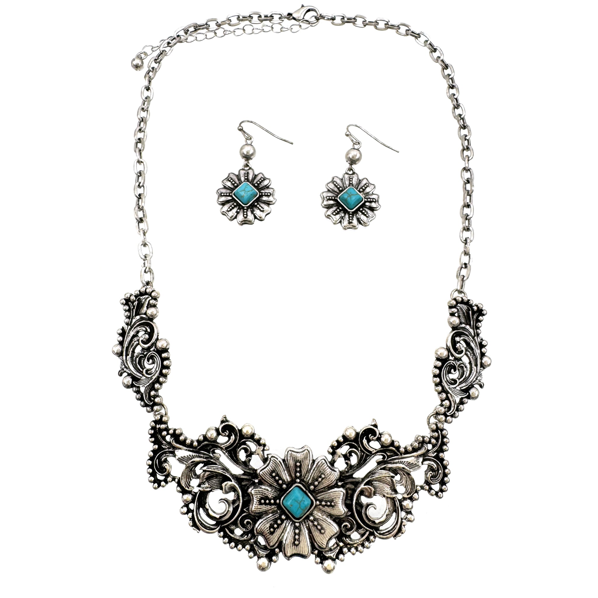 Western Flower Turquoise Filigree Necklace Earrings Set