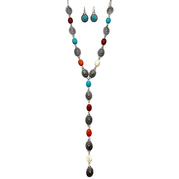 Western Stone Concho Lariat Necklace Earrings Set