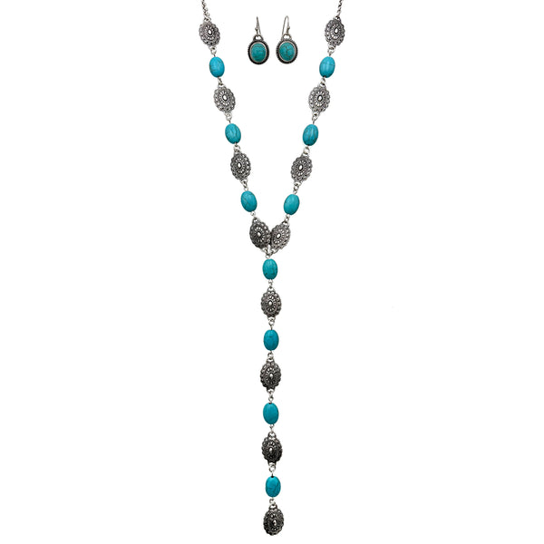 Western Stone Concho Lariat Necklace Earrings Set