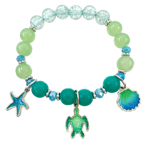 Turtle Seashell Starfish Ocean Green Glass Bracelet