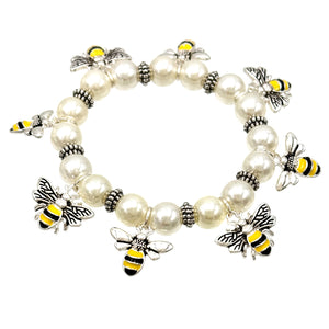 Bee Charm Pearl Stretch Bracelet