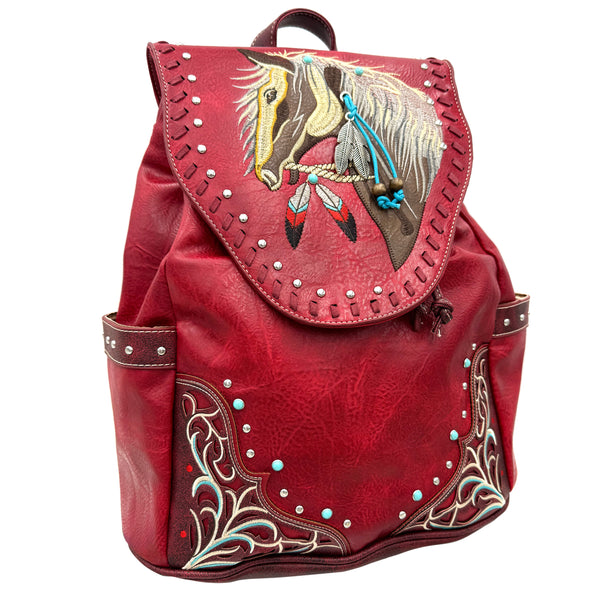 Women's Embroidered Horse Western Leather Backpack