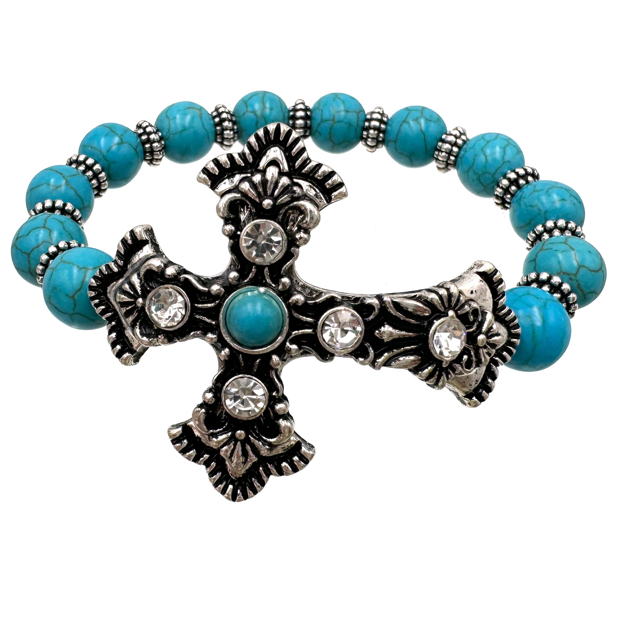 Roman Cross Turquoise Beads Stretch Bracelet