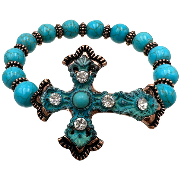 Roman Cross Turquoise Beads Stretch Bracelet