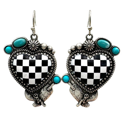 Checkered Print Western Heart Earrings