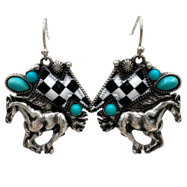 Checkered Print Western Lightning Bolt Horse Earrings