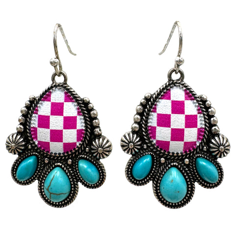 Checkered Print Western Teardrop Flower Earrings