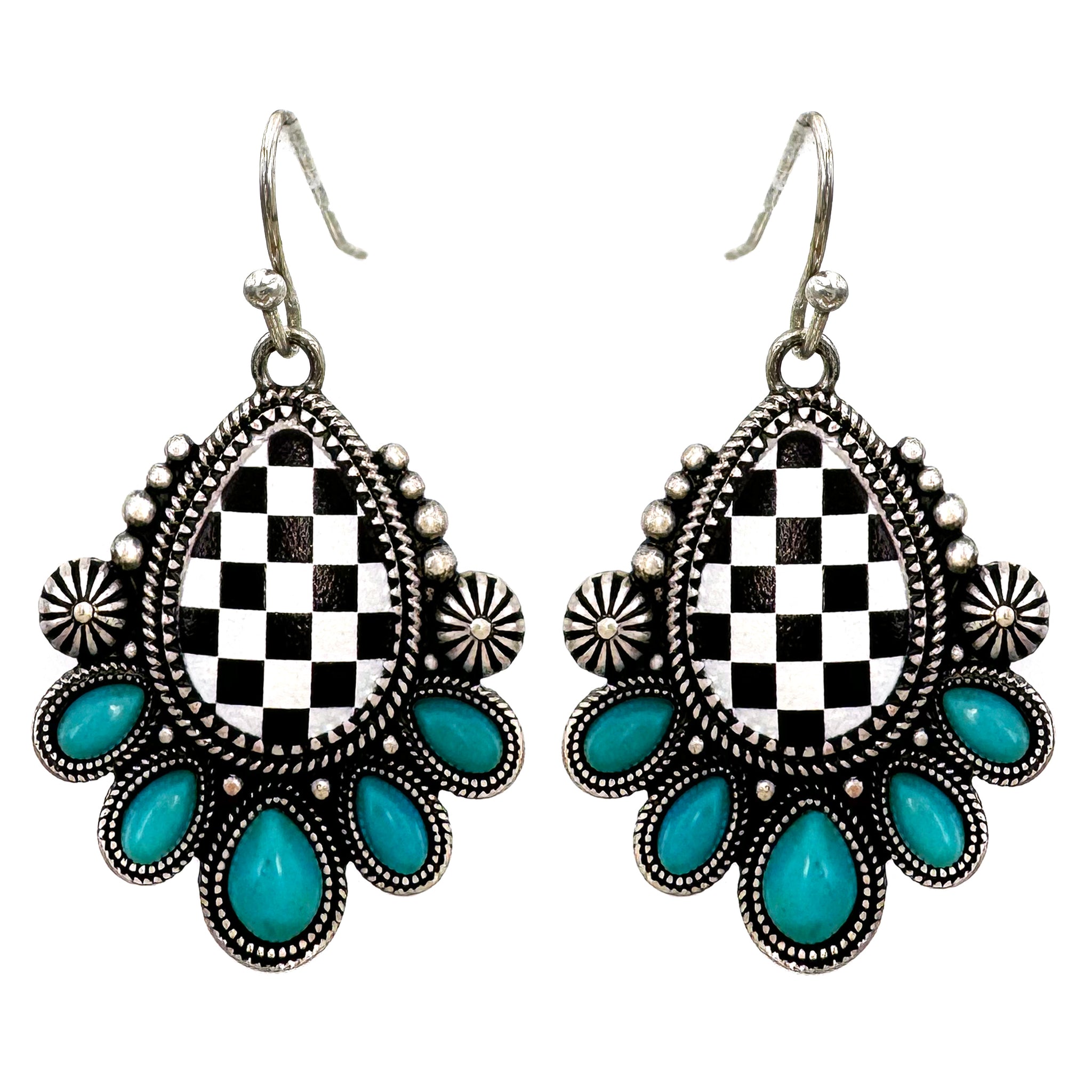 Checkered Print Western Teardrop Flower Earrings