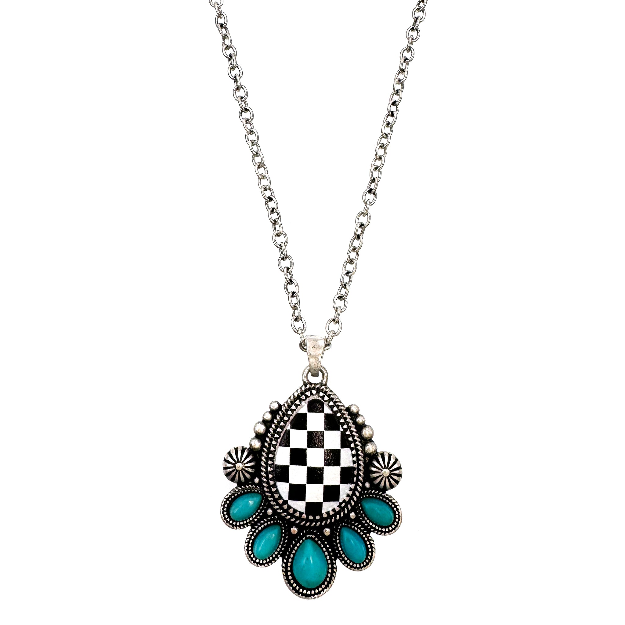 Checkered Print Western Teardrop Flower Necklace