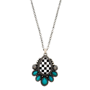 Checkered Print Western Teardrop Flower Necklace