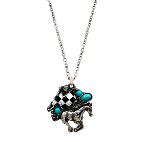 Checkered Print Western Lightning Bolt Horse Necklace